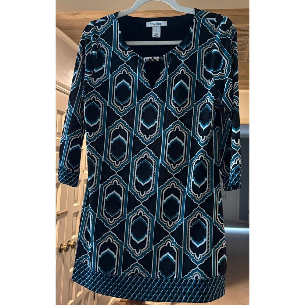 White House Black Market Teal Geometric Tile Print Tunic Top Silver Hardware S